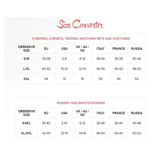 Size converter chart for chemises, corsets, teddies, and hosiery from Obsessive
