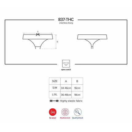 837-THC-1 Crotchless Thong Black size chart and features