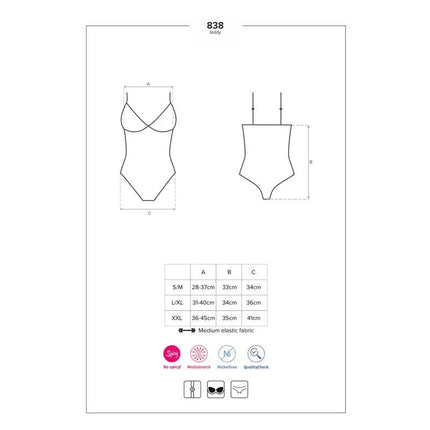 Diagram of 838-TED-1 Bodysuit with Open Crotch Black showing sizes S/M to XXL and measurements in centimeters.