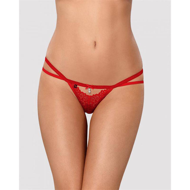 838-THO-3 Thong by Obsessive, red lace design with double straps and sparkling jewel accent, elegant lingerie for women.