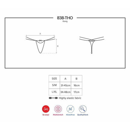 Size chart for 838-THO-3 Thong by Obsessive with elastic fabric icons and measurements for S/M and L/XL