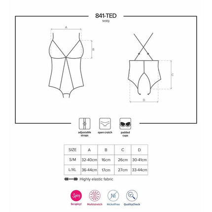 Size and style chart for 841-TED-1 Teddy Black lingerie with measurements and feature icons including adjustable straps and nickel-free hardware.