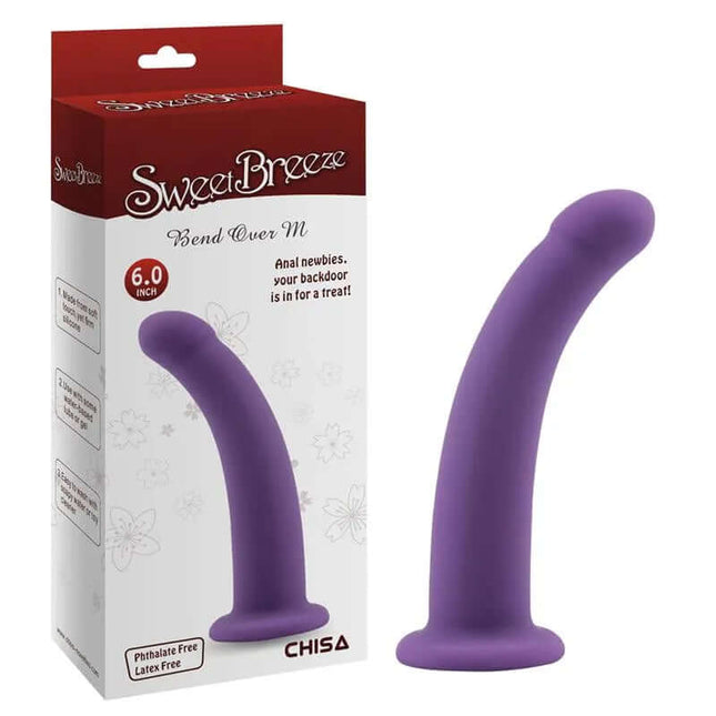 Dildo Bend Over M Purple, a silicone 15 cm purple dildo for harness use, shown with packaging.