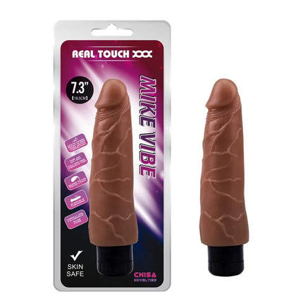 Vibe T-Skin Mike Brown vibrator in packaging, realistic design, 21.5 cm length, waterproof, discreet for personal or partner use.