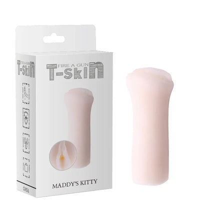Masturbator Fire a Gun No.03 White premium male pleasure device with T-Skin texture for realistic feel shown with packaging.