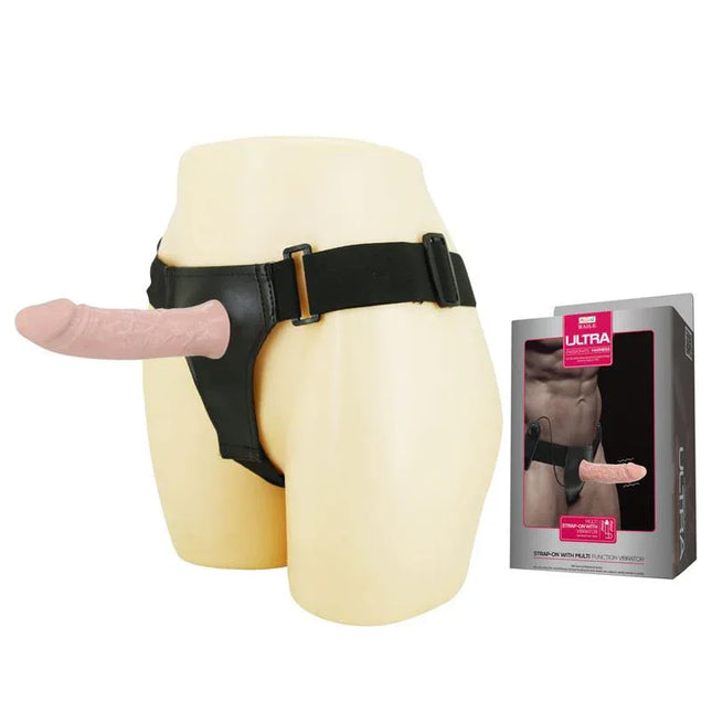 Hollow Strap-on with Vibration 15.5 x 4.2 cm Flesh displayed on mannequin with product box