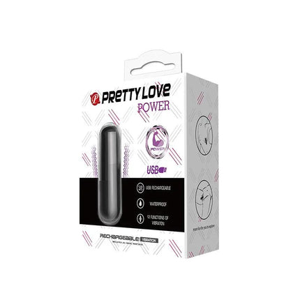 Packaging of Vibrating Bullet Power Silicone 6 x 1.8 cm with 12 vibration functions, USB rechargeable, waterproof features.