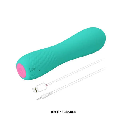 Rechargeable Stimulator Elfin Silicone 11.9 x 3 cm in teal with pink accent and USB charging cable
