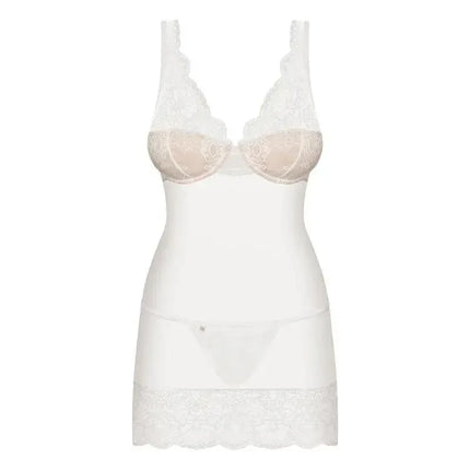 853-CHE-2 Chemise AND Thong White by Obsessive, featuring elegant lace detailing and adjustable straps.
