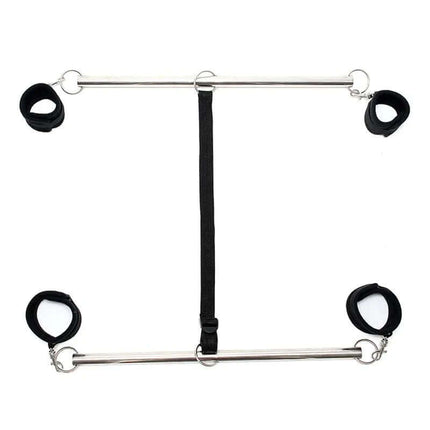 Double Spreader Bar with Cuffs Adjustable Black for enhanced bondage play featuring durable chromed metal bars and soft restraints.