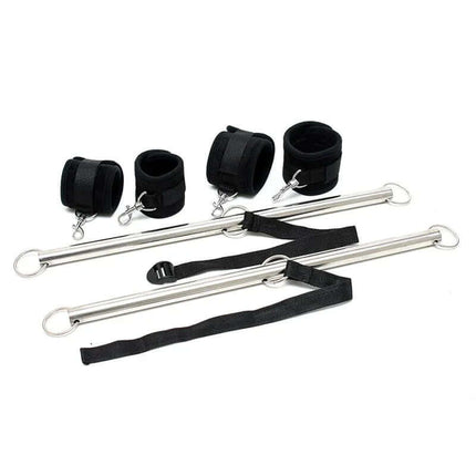 Double Spreader Bar with Cuffs Adjustable Black for bondage play with durable metal bars and soft cuffs.