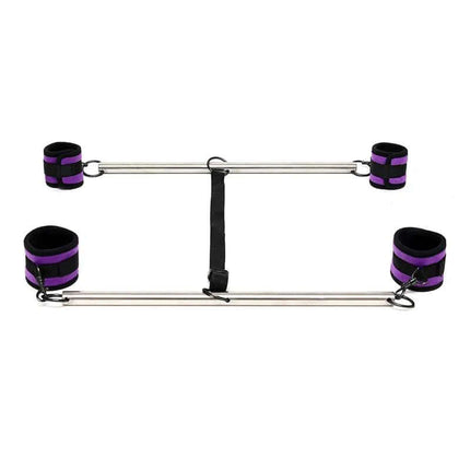 Double Spreader Bar with Suffs Adjustable Purple for bondage and restraint, features adjustable chromed metal bars and soft cuffs.