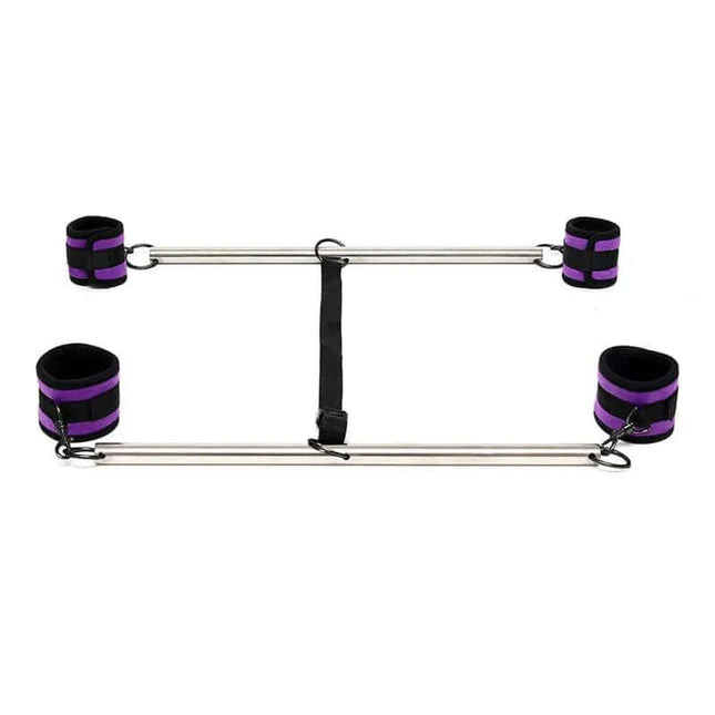 Double Spreader Bar with Suffs Adjustable Purple for bondage and restraint, features adjustable chromed metal bars and soft cuffs.