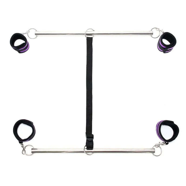 Double Spreader Bar with Suffs Adjustable Purple for bondage restraint play, featuring dual chromed metal bars and soft cuffs.