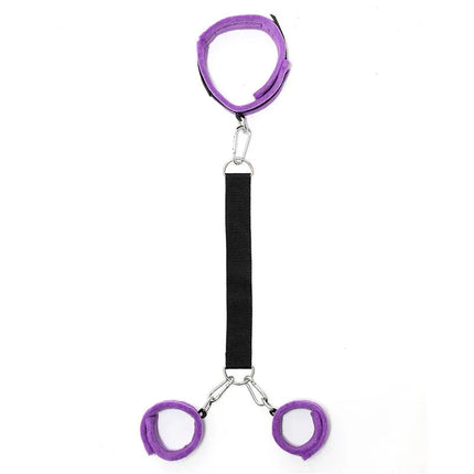 Handcuffs to Collar with Leash Adjustable Purple by Rimba, BDSM neck-to-wrist restraint set in bold purple with nylon straps.