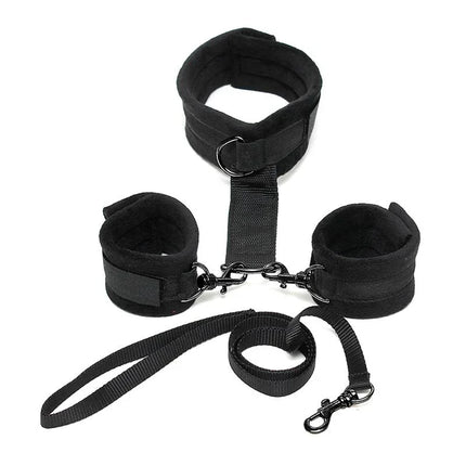 Handcuffs to Collar with Leash Adjustable Black bondage set by Rimba