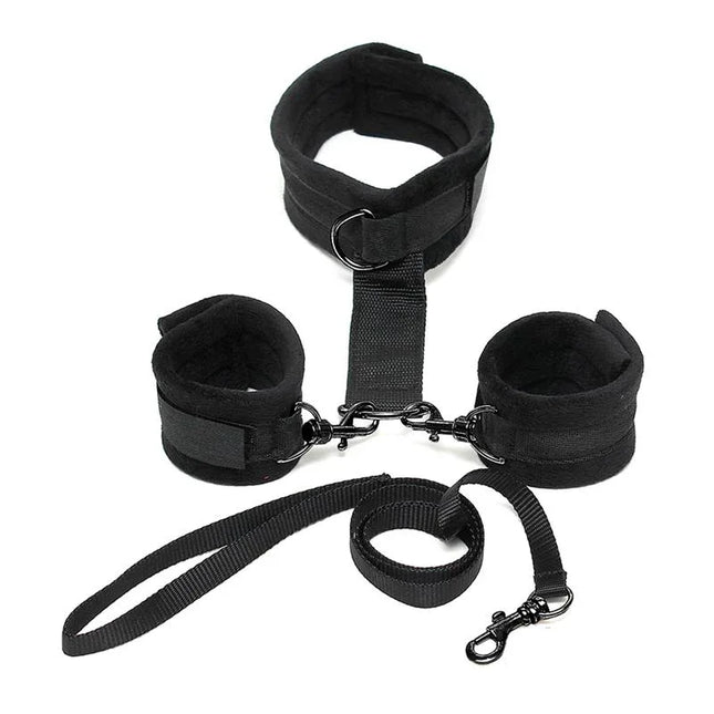 Handcuffs to Collar with Leash Adjustable Black bondage set by Rimba