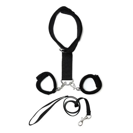 Handcuffs to Collar with Leash Adjustable Black bondage set with detachable leash and adjustable design by Rimba.
