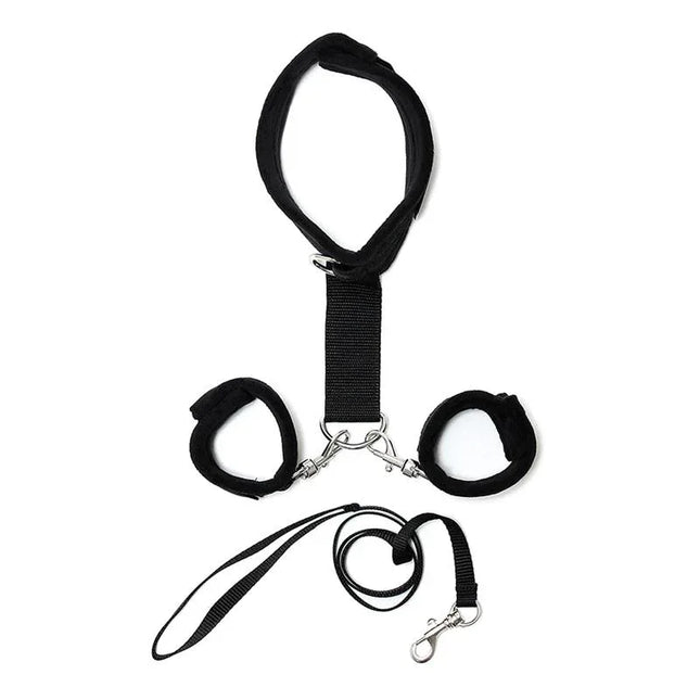 Handcuffs to Collar with Leash Adjustable Black bondage set with detachable leash and adjustable design by Rimba.