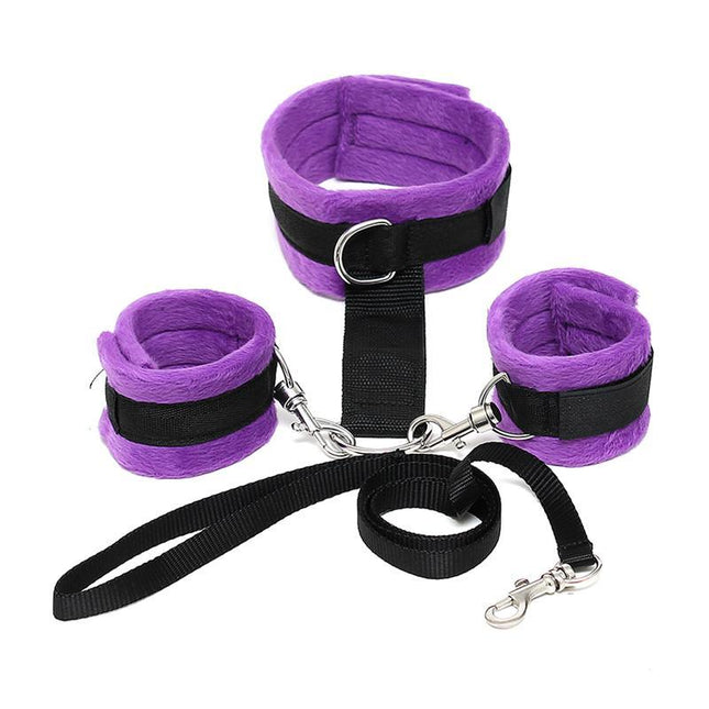 Handcuffs to Collar with Leash Adjustable and Detachable Purple set showing purple cuffs, collar, and black leash.