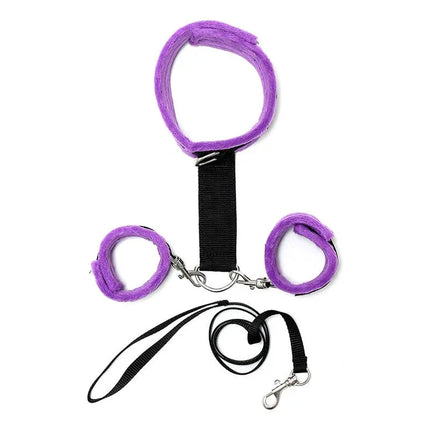 Handcuffs to Collar with Leash Adjustable and Detachable Purple restraint set with neck collar, wrist cuffs, and detachable leash.