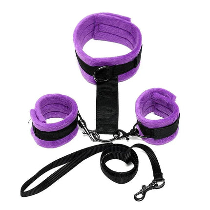 Handcuffs to Collar with Leash Adjustable and Detachable Purple restraint set with soft neck collar and wrist cuffs.