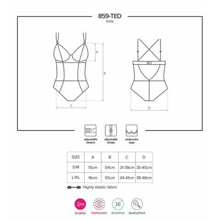 859-TED-1 Teddy Black size chart with adjustable straps, underwire cups, and semi-transparent fabric details for S/M and L/XL