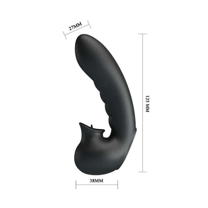 Hobgoblin Vibrating Finger Sleeve & Stimulating Tongue in black silicone, shown with detailed measurements for clarity.