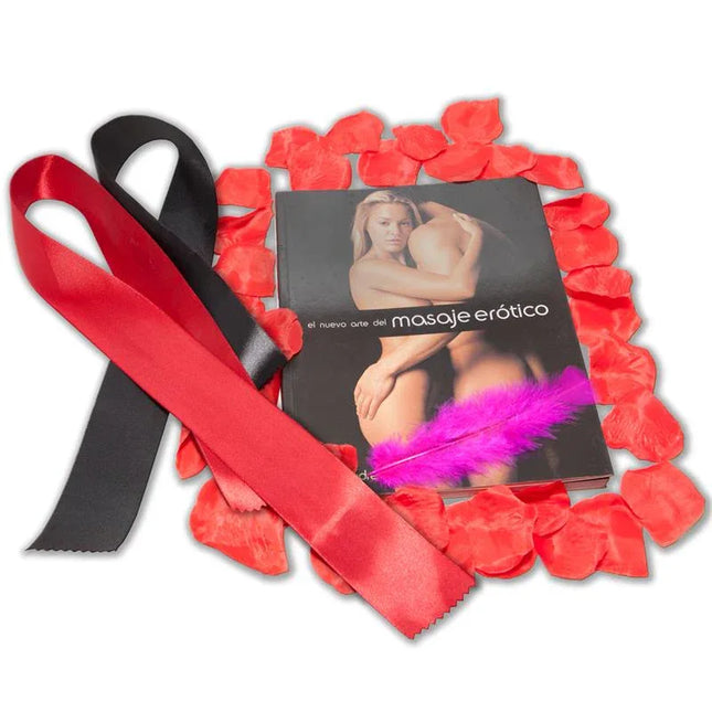 Guide with Games The New Art of Massage book with rose petals, silk ribbons, and a purple feather for couples' intimacy.