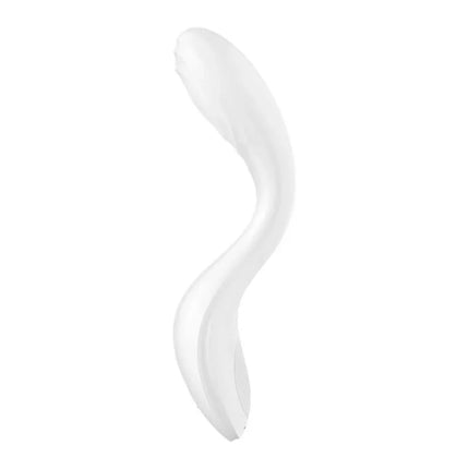 Rrrolling Pleasure White ergonomic design for G-spot stimulation with dual motors, 12 vibration functions, and 7 rotation speeds.