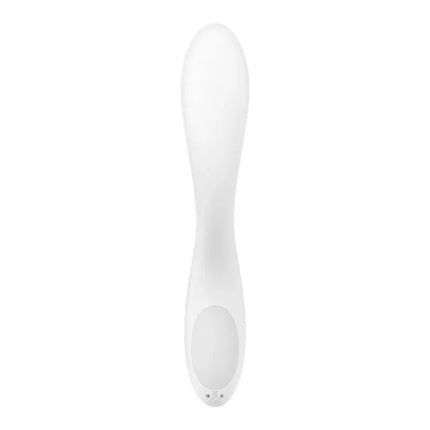 Rrrolling Pleasure White ergonomic dual-action G-spot massager with silk silicone, 12 vibration functions, and 7 rotation speeds.