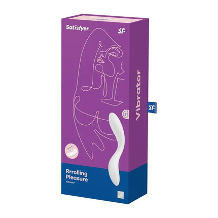 Rrrolling Pleasure White packaging featuring ergonomic silicone design for G-spot stimulation with 12 vibration functions and 7 rotation speeds.