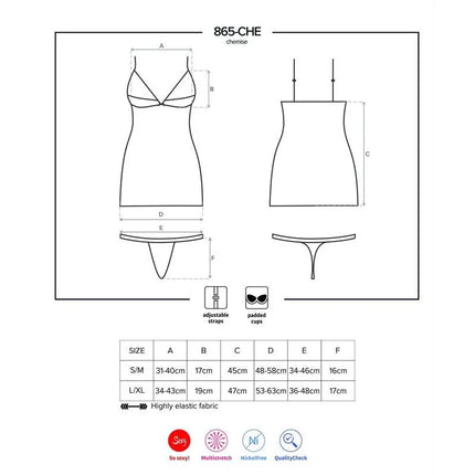865-CHE-1 Chemise and Thong Black size chart with measurements and features