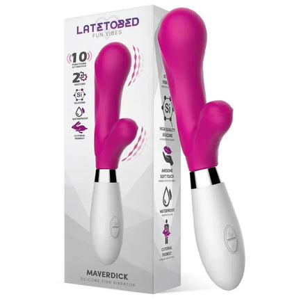 Maverdick Silicone Vibe Pink with ergonomic handle and dual-motor stimulation, shown in vibrant packaging and sleek design.
