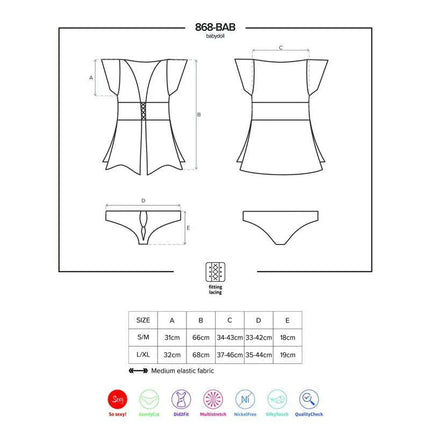 Technical drawing and size chart for 868-BAB-1 Babydoll and Thong Black lingerie set with focus on design and fabric details.