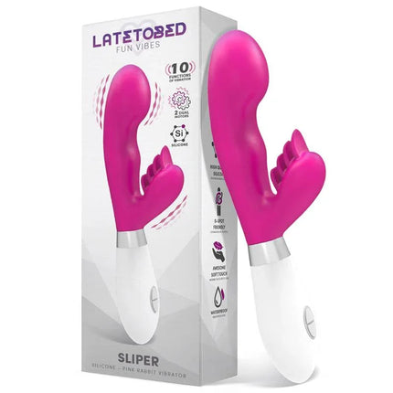 Sliper Rabbit Vibe Silicone Pink vibrator with ergonomic handle and dual-motor system on display packaging
