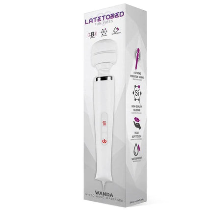 Wanda Wired Wand Massager White box displaying features like high-quality silicone and multiple vibration modes