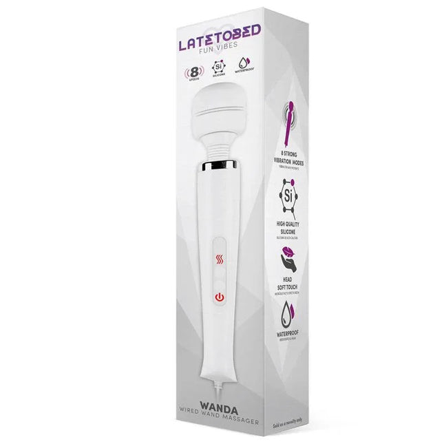 Wanda Wired Wand Massager White box displaying features like high-quality silicone and multiple vibration modes