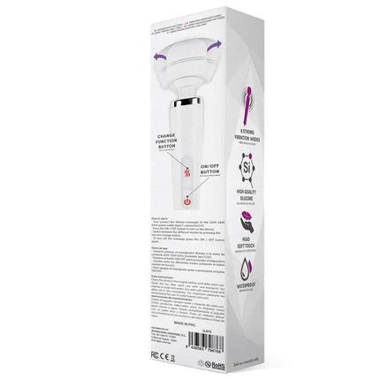 Packaging of Wanda Wired Wand Massager White showcasing features like silicone head, 10 vibration modes, and waterproof design.