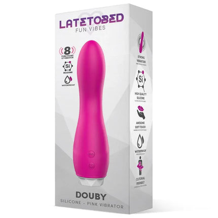 Douby Vibe Silicone Pink with box displaying 8 vibration functions, waterproof and high-quality silicone features.