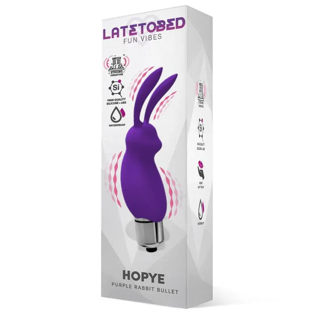 Hopye Rabbit Vibrating Bullet Silicone Purple in packaging by LatetoBed Fun Vibes