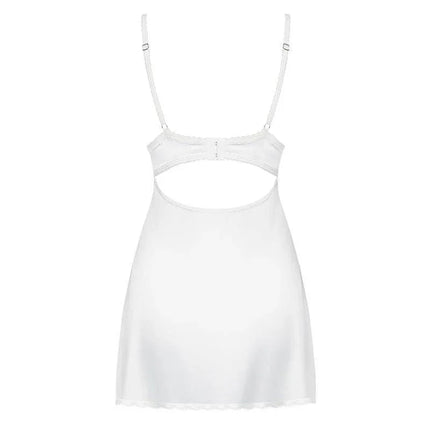 871-CHE-2 Chemise and Thong White set displayed, featuring a soft, silky chemise with nickel-free hardware for comfort.