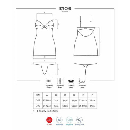871-CHE-2 Chemise and Thong White size chart with measurements and features details for elegant, soft, semi-transparent lingerie set.
