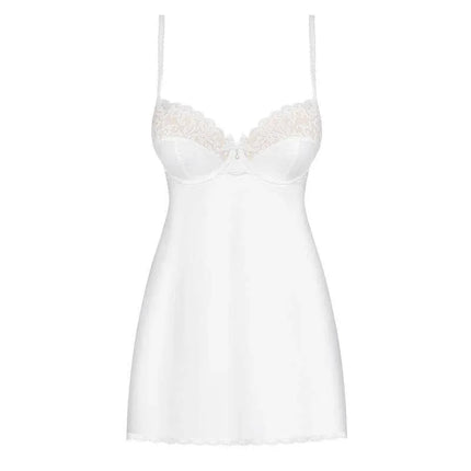 871-CHE-2 Chemise and Thong White - Elegant lingerie set with silky, semi-transparent chemise featuring delicate lace trim.
