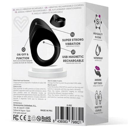 Packaging of Picker Silicone Couple Cockring with features such as super strong vibration, USB magnetic rechargeable, high-quality silicone.