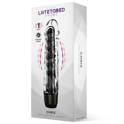 Chris Multi-Speed Vibe Black in its packaging, showcasing the vibrator's sleek design and ergonomic shape for enhanced pleasure.