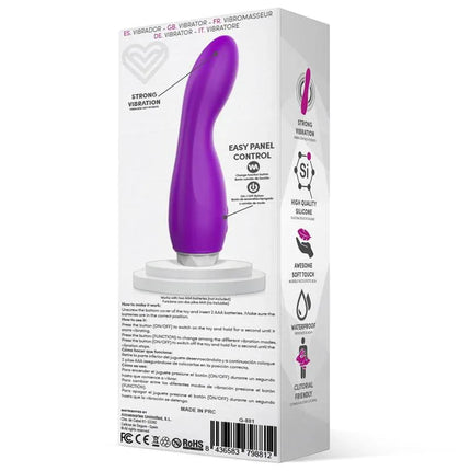 Packaging of Douby Vibe Silicone Purple vibrator showing product features and benefits.