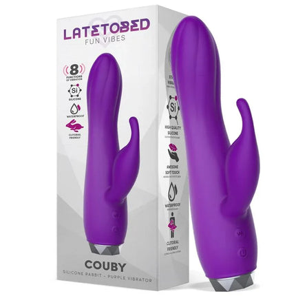 Couby Silicone Rabbit Purple Vibrator with dual stimulation design and 8 vibration functions for enhanced pleasure, shown with packaging.