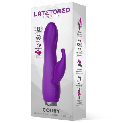 Couby Silicone Rabbit Purple Vibrator in packaging featuring dual stimulation and 8 vibration functions for enhanced pleasure.