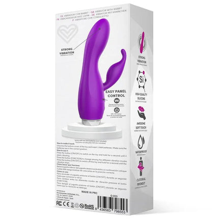 Couby Silicone Rabbit Purple Vibrator with strong vibration and easy panel control in packaging.